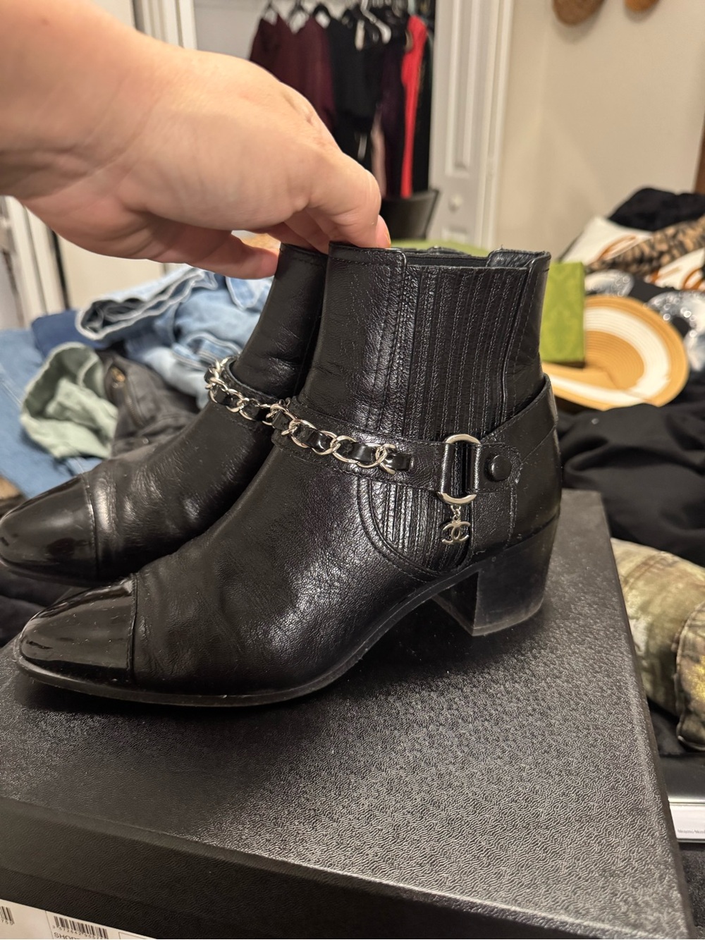 Chanel Black Leather Ankle Boots with Chain Detail